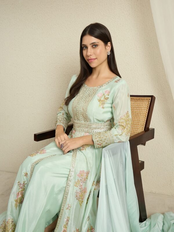 Pista Embroidered Anarkali Kurta Pant Set | V Neck | Full Length