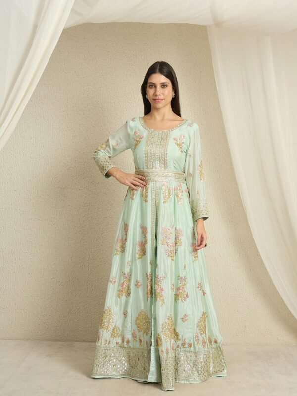 Pista Embroidered Anarkali Kurta Pant Set | V Neck | Full Length