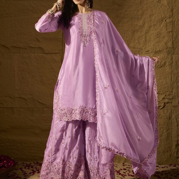 Light Pink Embroidered Kurta Palazzo | Round Neck | Above Knee