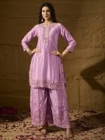 Light Pink Embroidered Kurta Palazzo | Round Neck | Above Knee