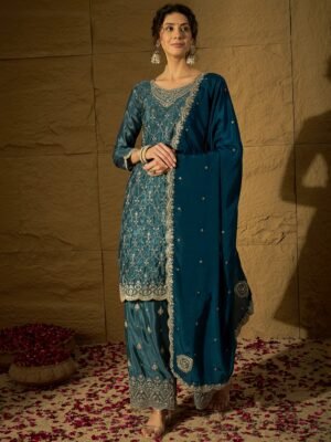 Blue Embroidered Chinon Kurta Palazzo | Round Neck | Above Knee
