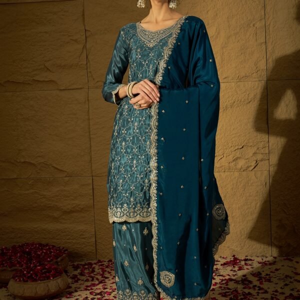 Blue Embroidered Chinon Kurta Palazzo | Round Neck | Above Knee
