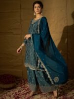 Blue Embroidered Chinon Kurta Palazzo | Round Neck | Above Knee