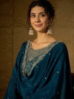 Blue Embroidered Chinon Kurta Palazzo | Round Neck | Above Knee