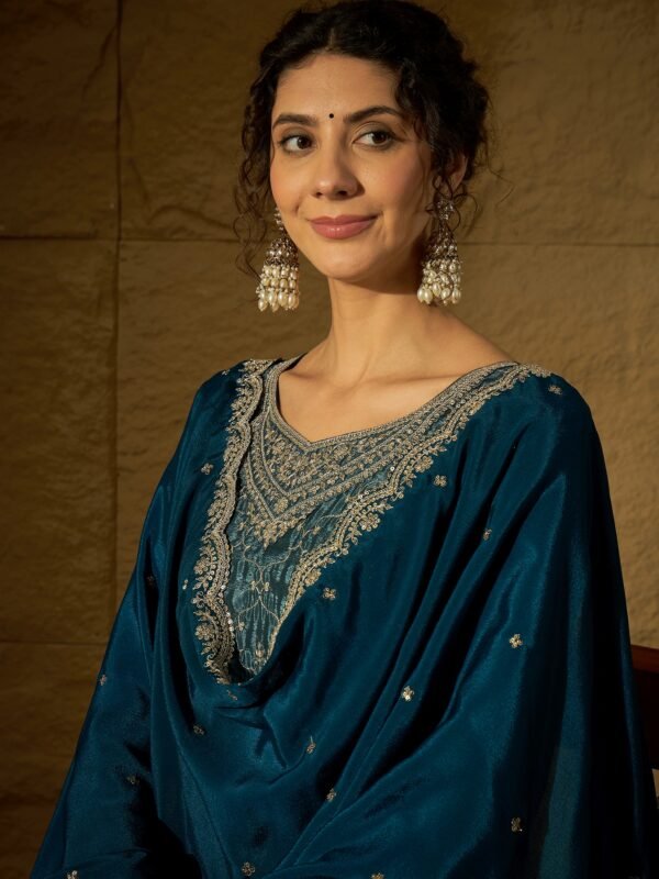 Blue Embroidered Chinon Kurta Palazzo | Round Neck | Above Knee