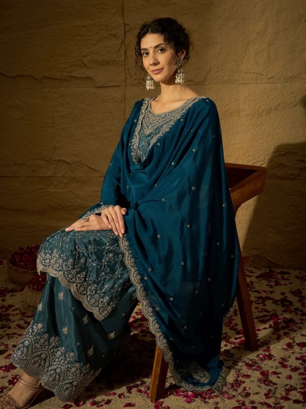 Blue Embroidered Chinon Kurta Palazzo | Round Neck | Above Knee