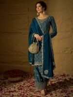 Blue Embroidered Chinon Kurta Palazzo | Round Neck | Above Knee