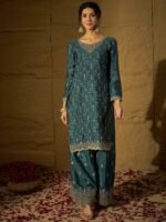 Blue Embroidered Chinon Kurta Palazzo | Round Neck | Above Knee