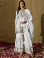 White Embroidered A-line Kurta Sharara | Collar Neck | Above Knee