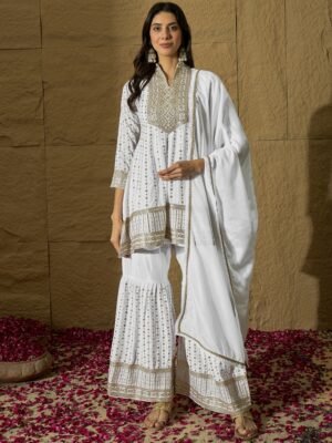 White Embroidered A-line Kurta Sharara | Collar Neck | Above Knee
