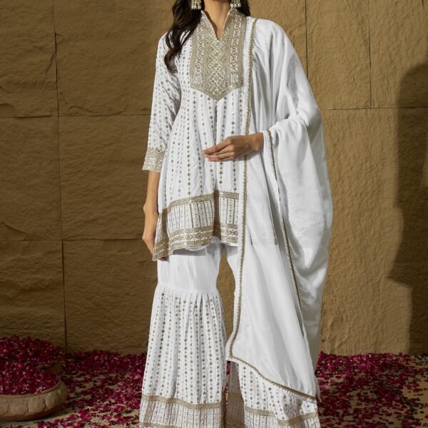 White Embroidered A-line Kurta Sharara | Collar Neck | Above Knee