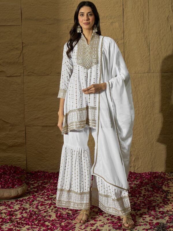 White Embroidered A-line Kurta Sharara | Collar Neck | Above Knee