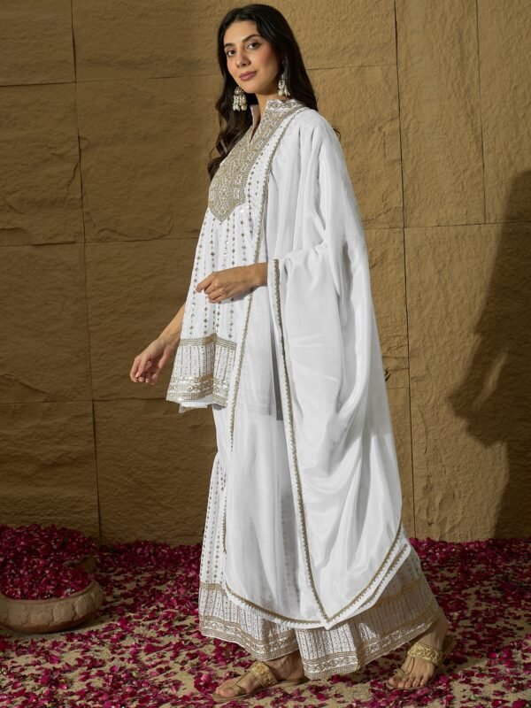 White Embroidered A-line Kurta Sharara | Collar Neck | Above Knee