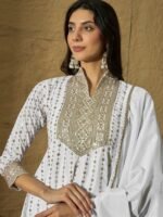 White Embroidered A-line Kurta Sharara | Collar Neck | Above Knee