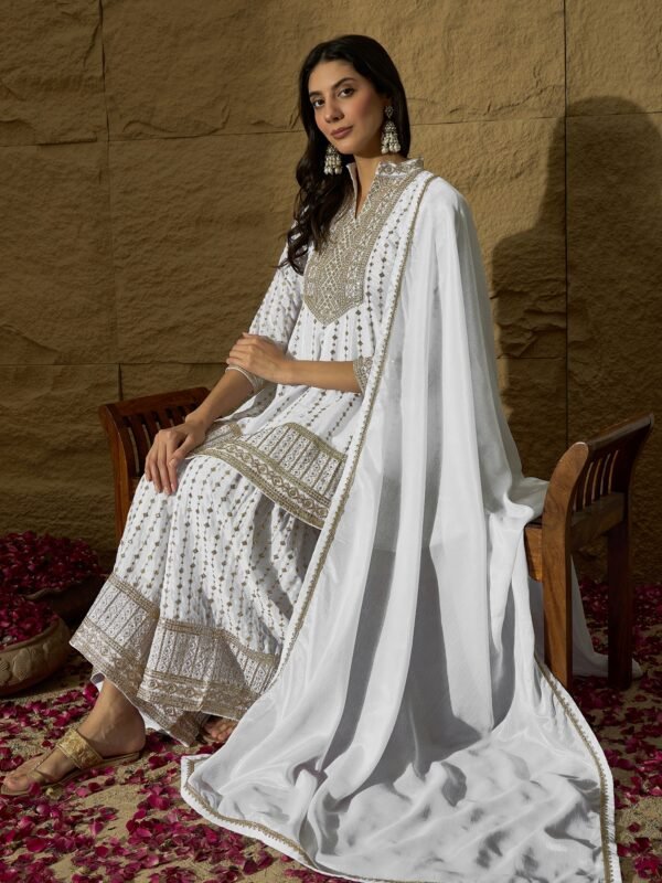 White Embroidered A-line Kurta Sharara | Collar Neck | Above Knee