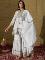 White Embroidered A-line Kurta Sharara | Collar Neck | Above Knee