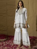 White Embroidered A-line Kurta Sharara | Collar Neck | Above Knee