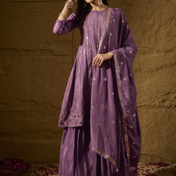 Purple Embroidered Flared Kurta Sharara | Round Neck | Above Knee