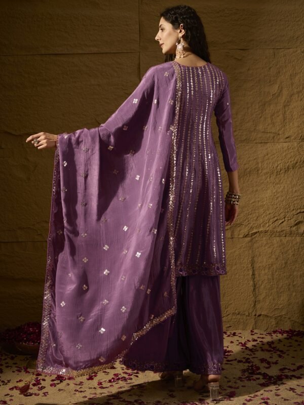 Purple Embroidered Flared Kurta Sharara | Round Neck | Above Knee