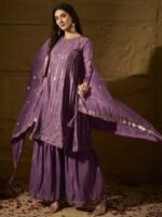 Purple Embroidered Flared Kurta Sharara | Round Neck | Above Knee