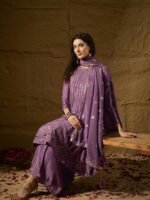Purple Embroidered Flared Kurta Sharara | Round Neck | Above Knee