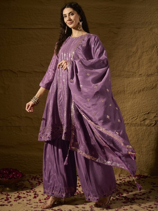 Purple Embroidered Flared Kurta Sharara | Round Neck | Above Knee