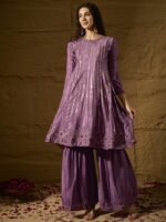 Purple Embroidered Flared Kurta Sharara | Round Neck | Above Knee