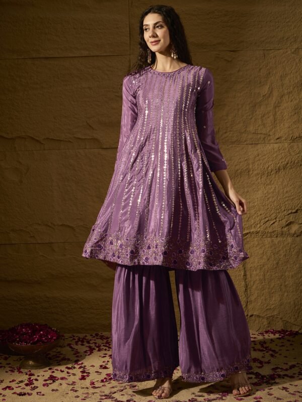 Purple Embroidered Flared Kurta Sharara | Round Neck | Above Knee