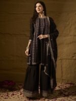 Black Embroidered A-line Kurti Palazzo | Round Neck | Above Knee