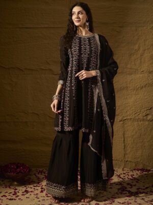 Black Embroidered A-line Kurti Palazzo | Round Neck | Above Knee