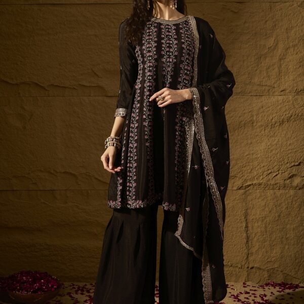 Black Embroidered A-line Kurti Palazzo | Round Neck | Above Knee