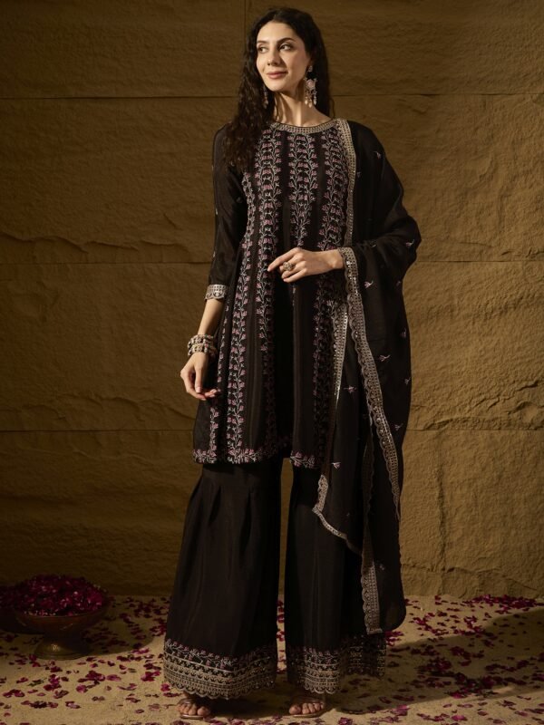 Black Embroidered A-line Kurti Palazzo | Round Neck | Above Knee