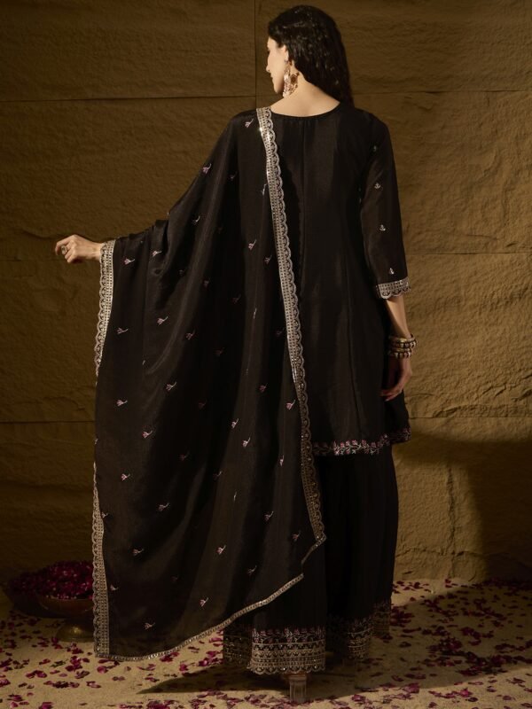 Black Embroidered A-line Kurti Palazzo | Round Neck | Above Knee