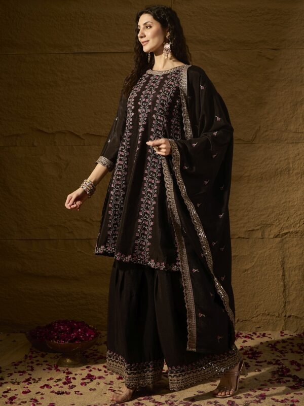 Black Embroidered A-line Kurti Palazzo | Round Neck | Above Knee