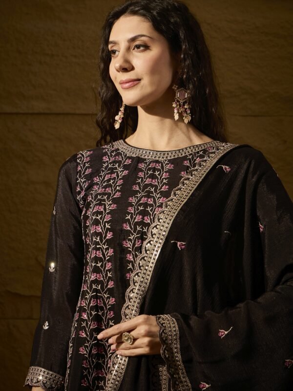 Black Embroidered A-line Kurti Palazzo | Round Neck | Above Knee