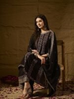 Black Embroidered A-line Kurti Palazzo | Round Neck | Above Knee