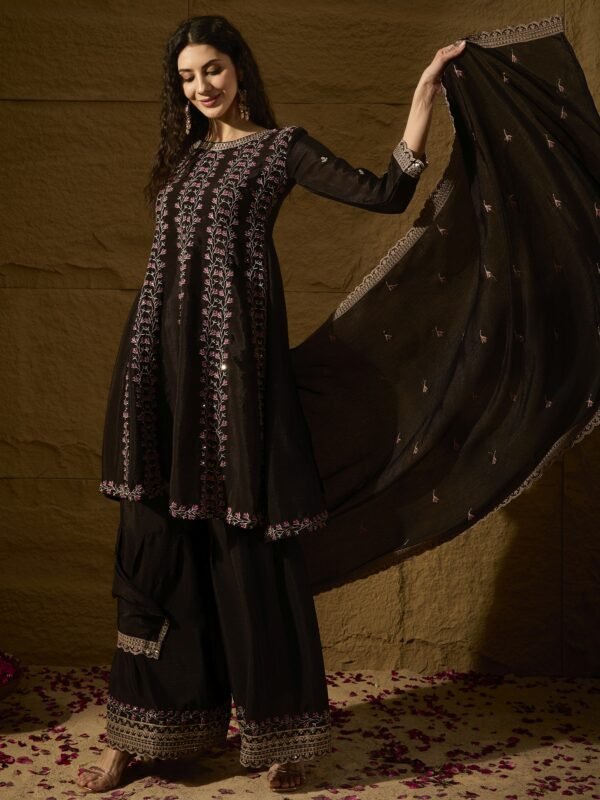 Black Embroidered A-line Kurti Palazzo | Round Neck | Above Knee