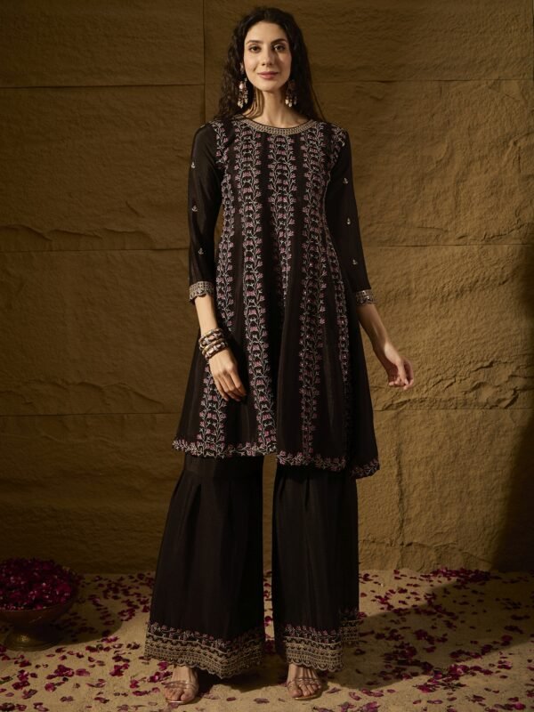 Black Embroidered A-line Kurti Palazzo | Round Neck | Above Knee