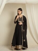 Black Embroidered Anarkali Gown with Matching Chinon Dupatta