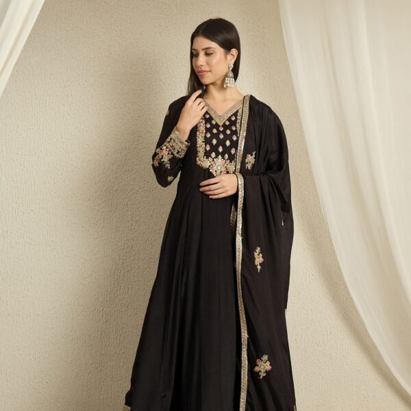 Black Embroidered Anarkali Gown with Matching Chinon Dupatta