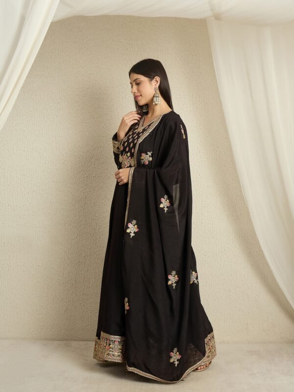 Black Embroidered Anarkali Gown with Matching Chinon Dupatta