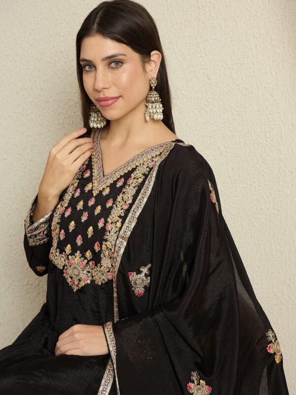 Black Embroidered Anarkali Gown with Matching Chinon Dupatta