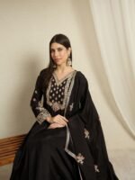 Black Embroidered Anarkali Gown with Matching Chinon Dupatta