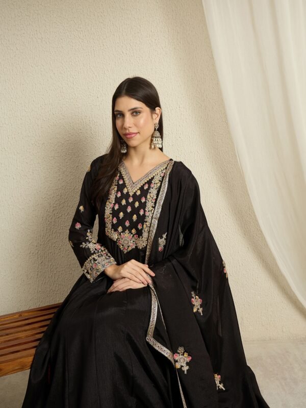 Black Embroidered Anarkali Gown with Matching Chinon Dupatta