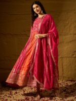 Pink Embroidered Chinon Anarkali Gown | Round Neck | Full Length