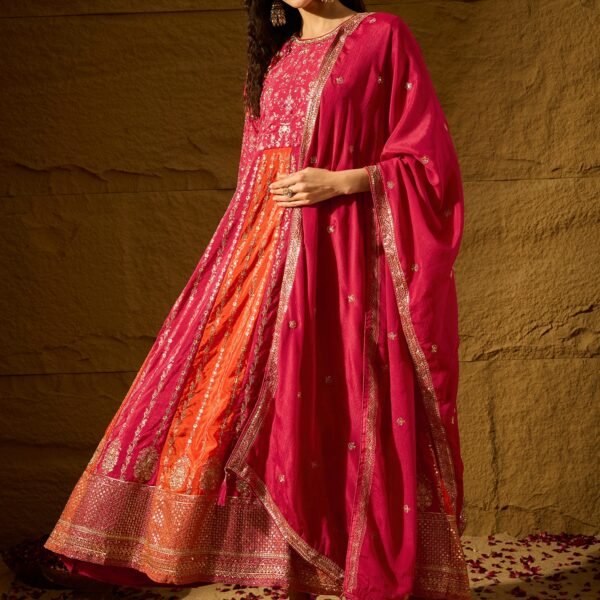 Pink Embroidered Chinon Anarkali Gown | Round Neck | Full Length