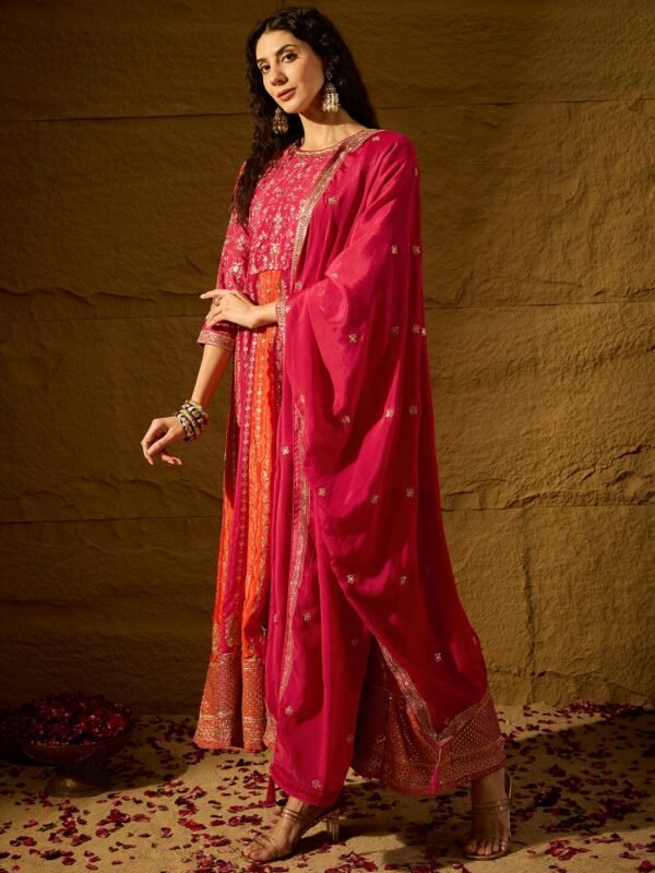 Pink Embroidered Chinon Anarkali Gown | Round Neck | Full Length
