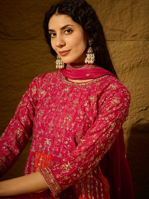 Pink Embroidered Chinon Anarkali Gown | Round Neck | Full Length