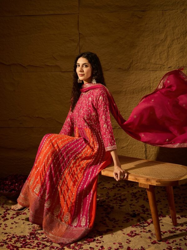 Pink Embroidered Chinon Anarkali Gown | Round Neck | Full Length