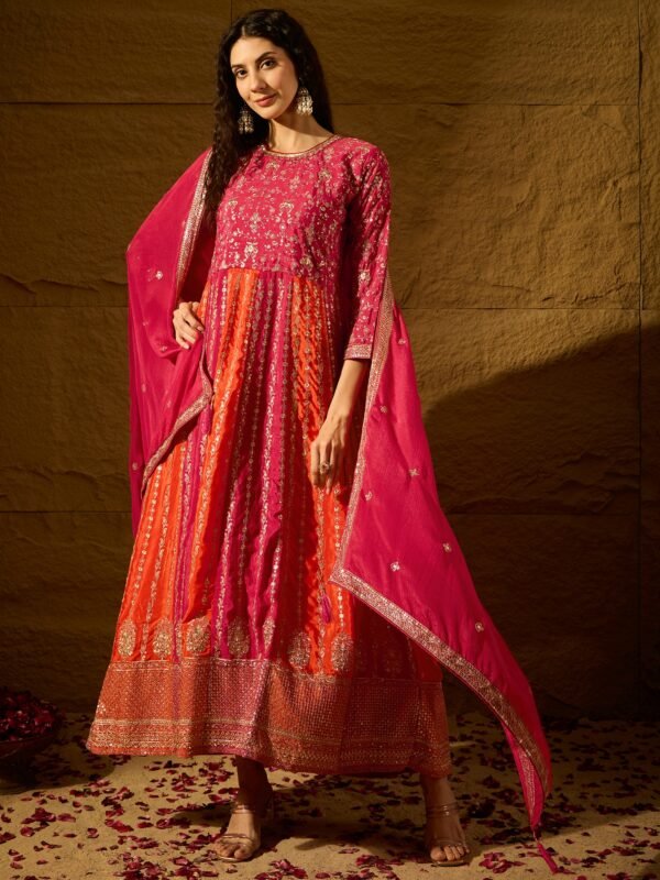 Pink Embroidered Chinon Anarkali Gown | Round Neck | Full Length